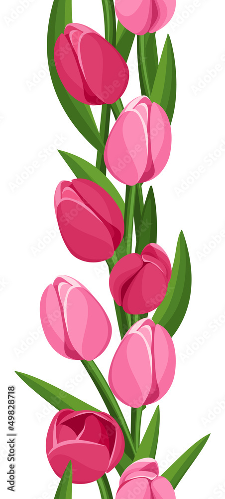 Obraz premium Vertical seamless background with pink tulips. Vector.