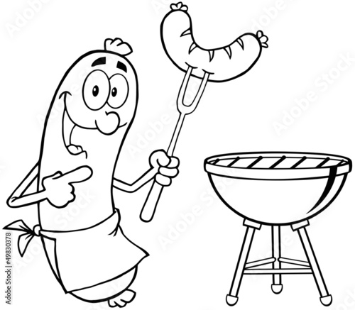 Outlined Happy Sausage With Sausage On Fork And Barbecue