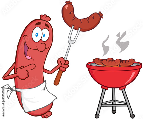 Happy Sausage With Sausage On Fork And Barbecue