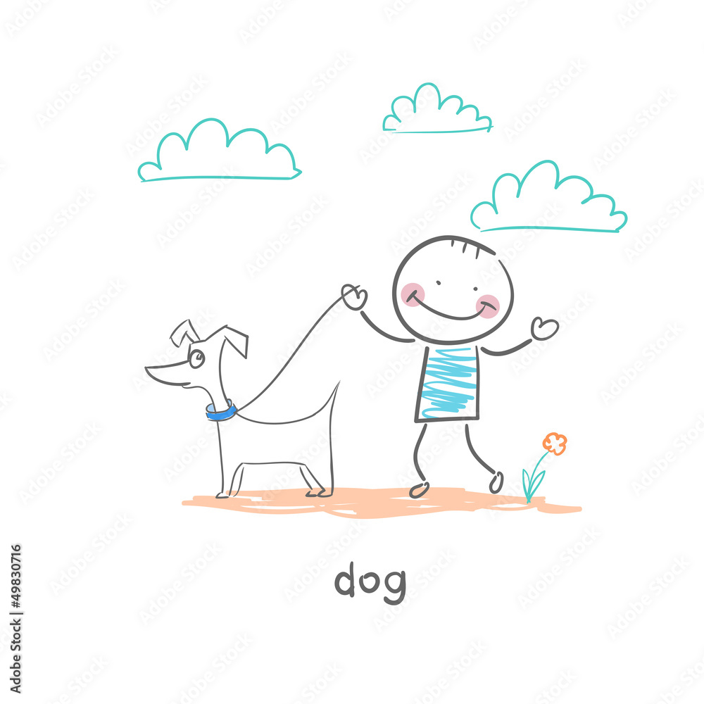 A man walking with a dog. Illustration.