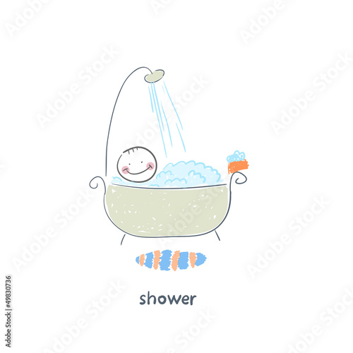 Man takes a shower. Illustration.