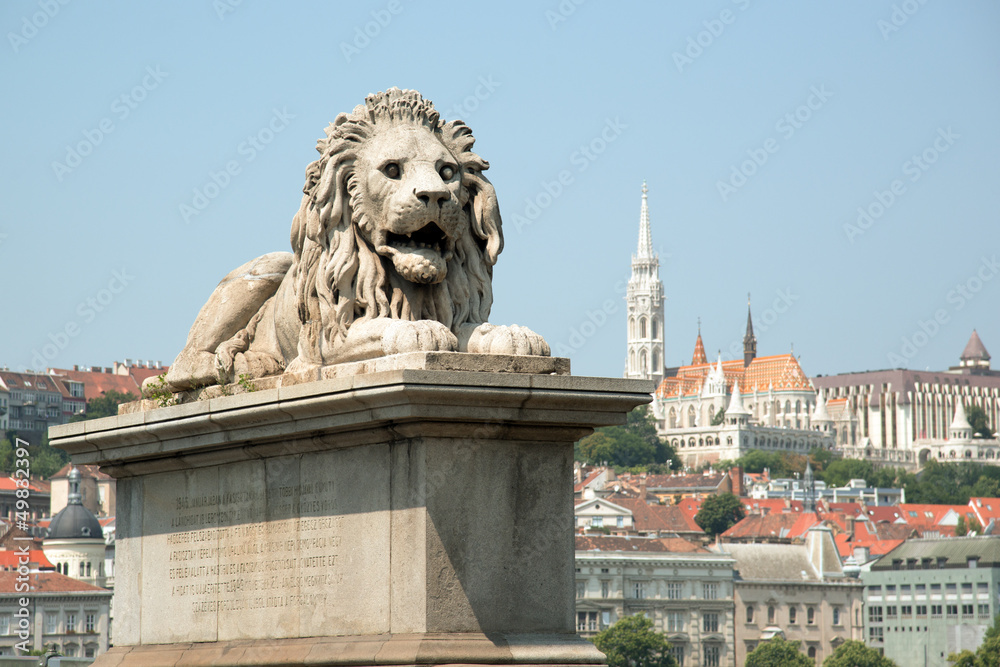 Guardian lion statue with Buda view in Budapest