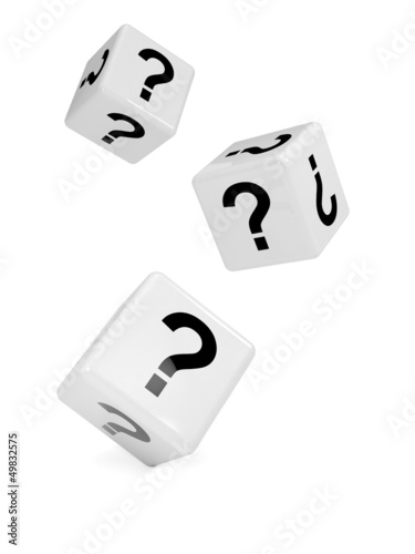 3 white dice with question mark symbols