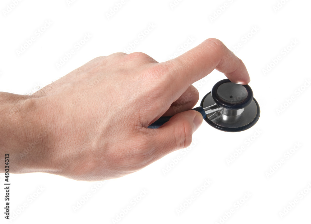 Hand holding a stethoscope isolated on white Hand holding a stethoscope isolated on white