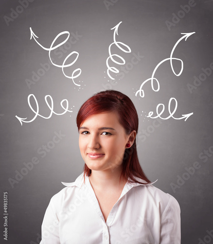 Young woman thinking with arrows overhead