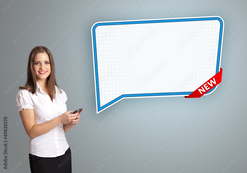 young woman holding a phone and presenting modern speech bubble young woman holding a phone and presenting modern speech bubble