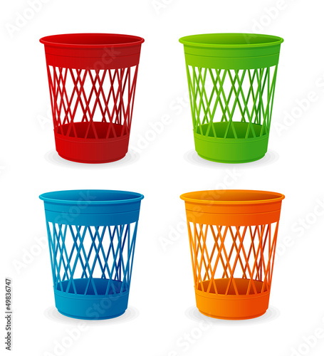 Vector plastic basket set, trash bins on white