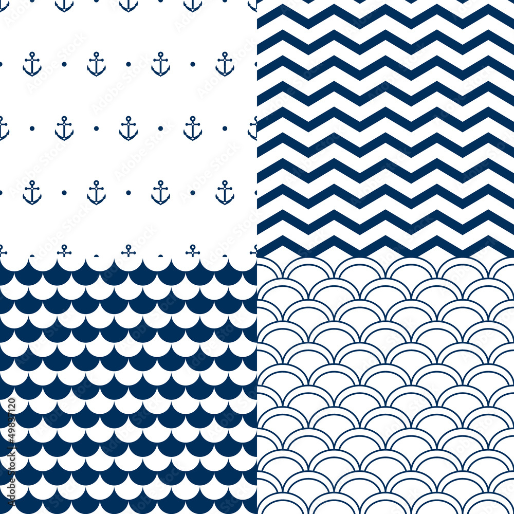 Navy vector seamless patterns set: scallop, waves, anchors