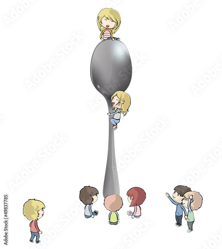 Little kids around spoon. Vector design.