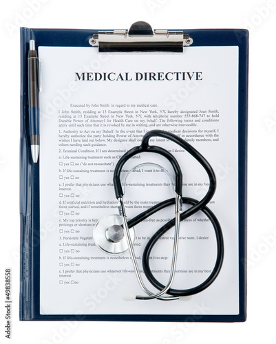 Medical directive and stethoscope in a clipboard