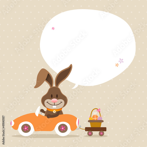 Bunny Car Basket Speech Bubble Beige Dots