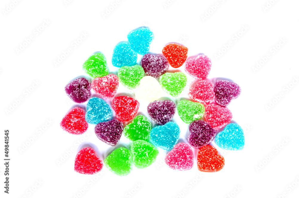 Fruit jellies candy hearts on white background Fruit jellies candy hearts on white background