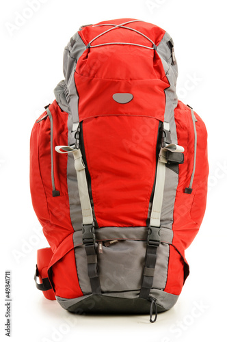 Large red touristic backpack isolated on white