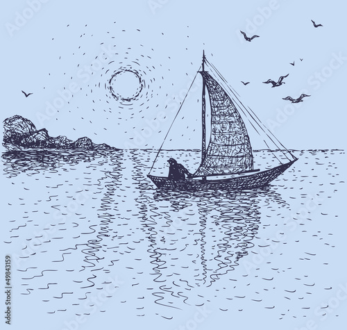 Vector seascape. A fisherman in a boat out to sea at sunrise