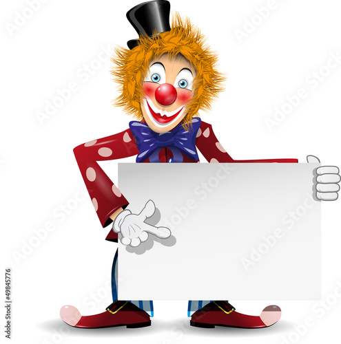 cheerful clown with a white placard