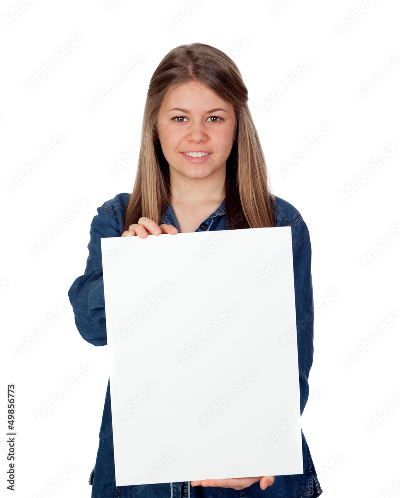 Beautiful young girl holding a blank poster for advertising Beautiful young girl holding a blank poster for advertising
