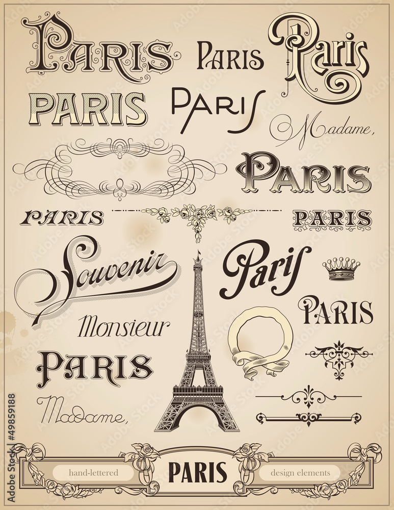Naklejka premium Paris calligraphy - set of hand-lettered design elements