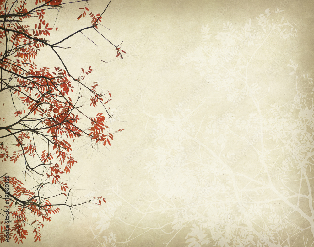 red leaves tree with old grunge antique paper texture