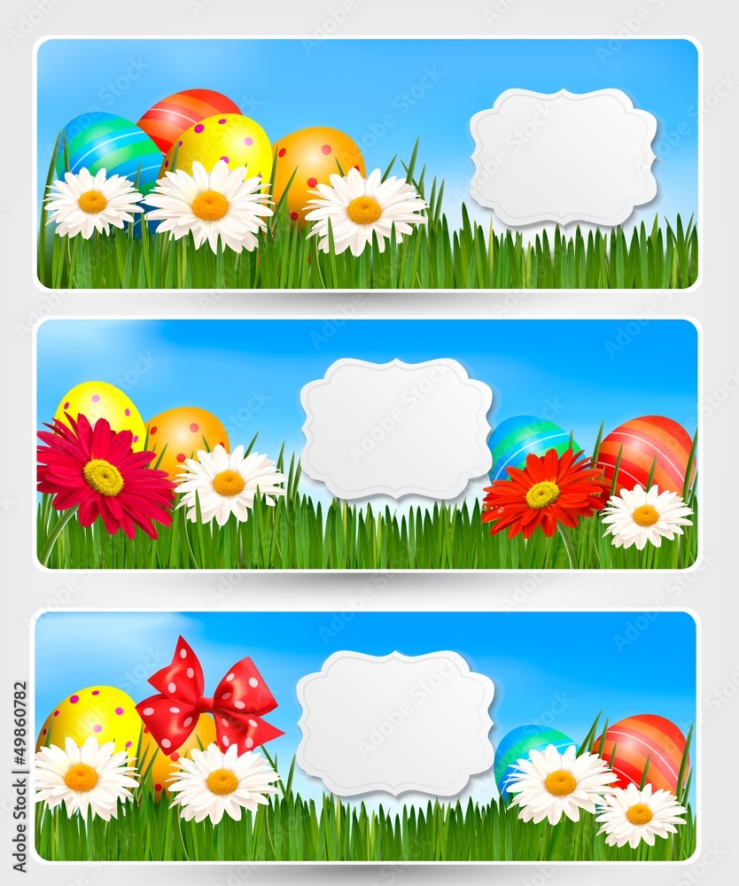 Easter banners with Easter eggs and colorful flowers