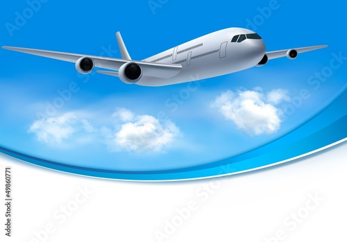 Travel background with airplane and white clouds