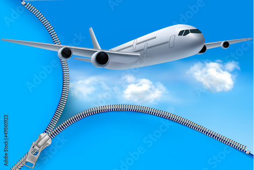 Travel background with airplane and white clouds