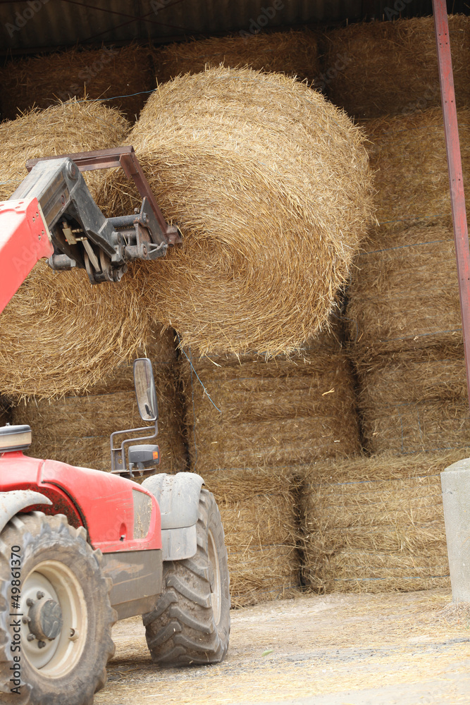 Obraz premium Tractor lifting bail of hay
