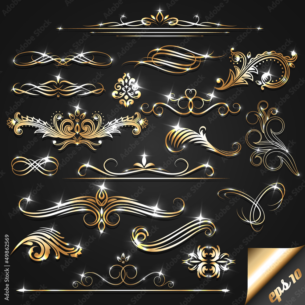 Set of golden ornate design elements