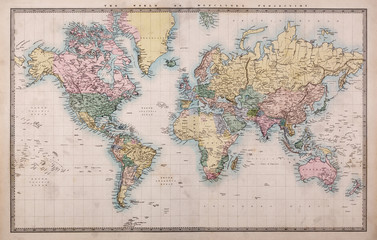 Old Antique World Map on Mercators Projection
