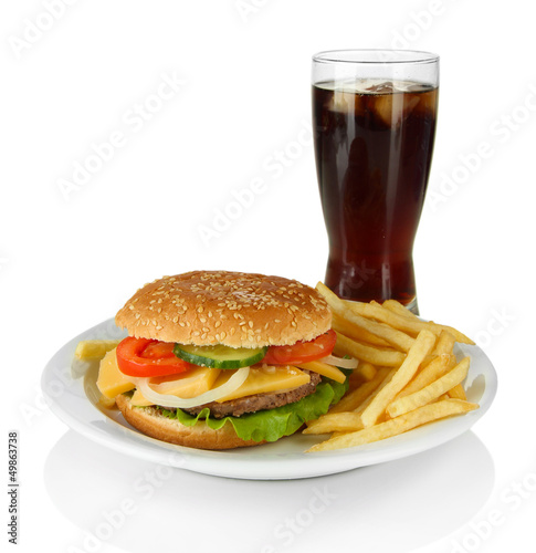 Tasty cheeseburger with fried potatoes and cold drink, isolated