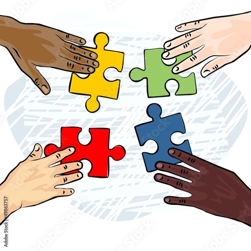 cztery ręce układanka puzzle ilustracja kolor
