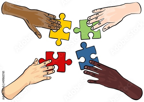 cztery ręce puzzle białe tło ilustracja kolor