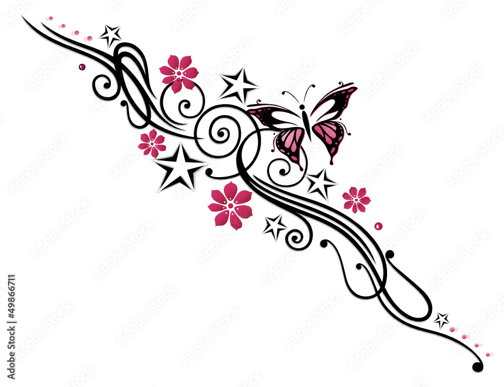 Tattoo, Blumen, Blüten, Schmetterling, pink, rosa Stock-Vektorgrafik |  Adobe Stock