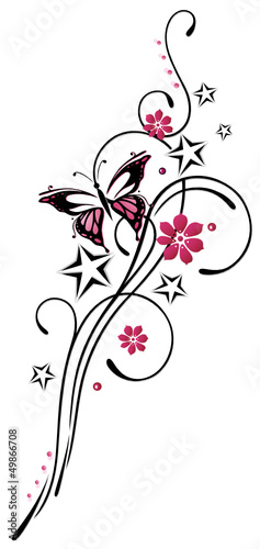 Tattoo, Blumen, Blüten, Schmetterling, pink, rosa