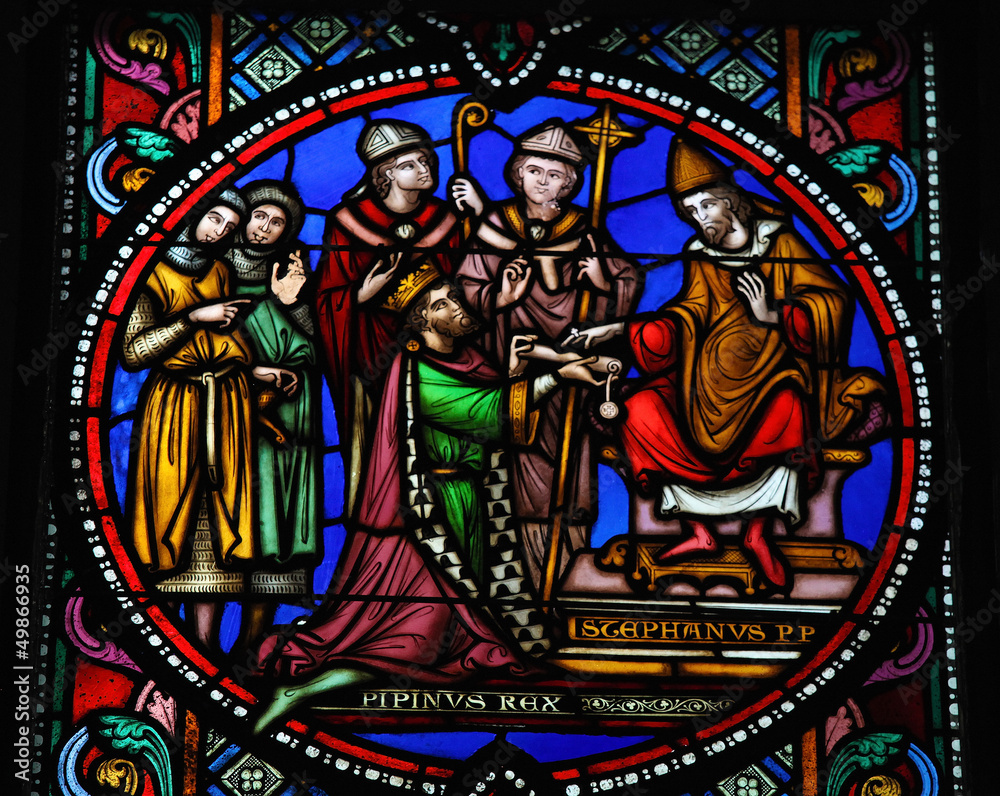 Pepin the Younger and Pope Stephen II - Stained glass window Pepin the Younger and Pope Stephen II - Stained glass window