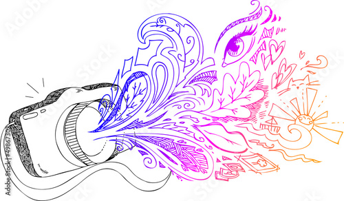 Shooting photo camera with sketched doodles