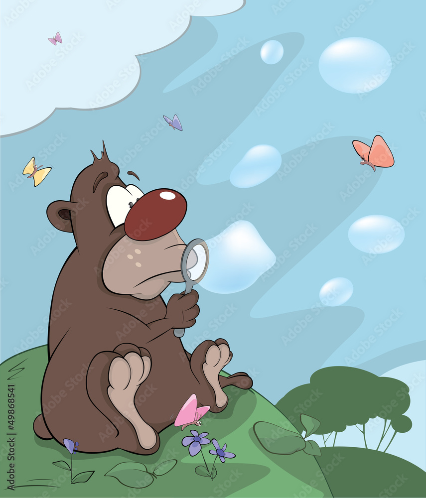Fototapeta premium Bear cub and soap bubbles cartoon