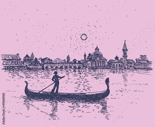 Vector sketch. The gondolier floats on a gondola in Venice