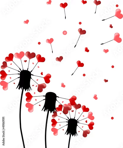 Naklejka na ścianę trzy mlecze i czerwone nasiona w kształcie serca