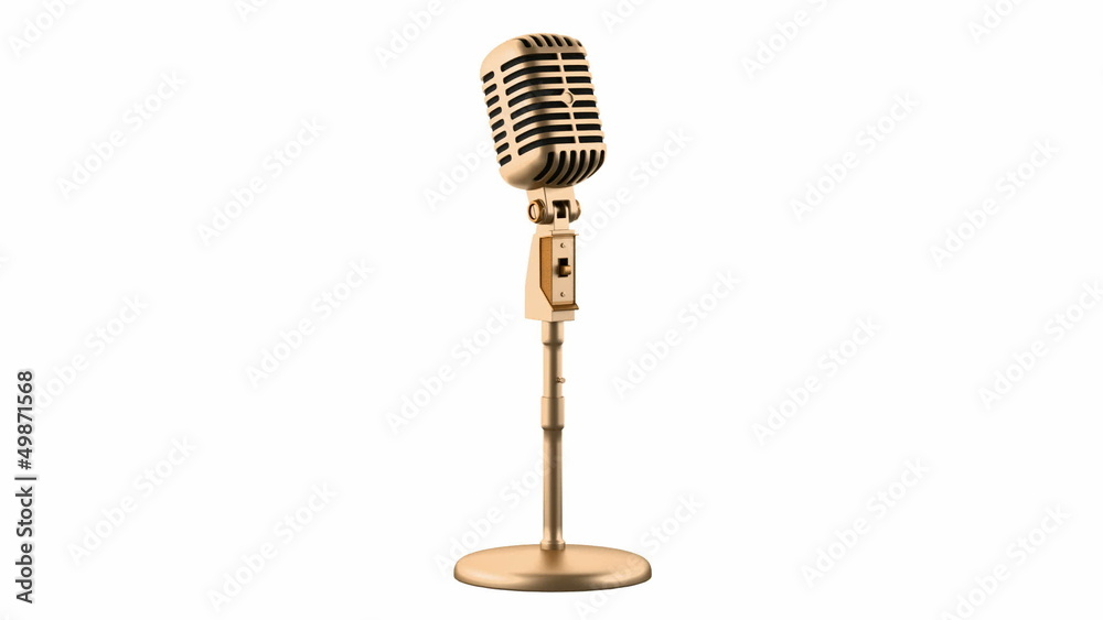golden vintage microphone loop rotate on white background