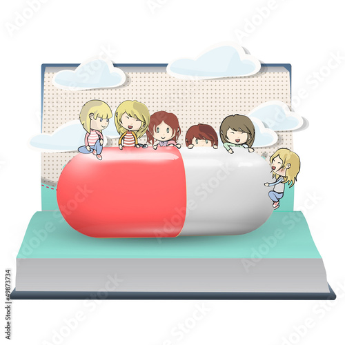 Several kids around pill printed on open book. Vector design.