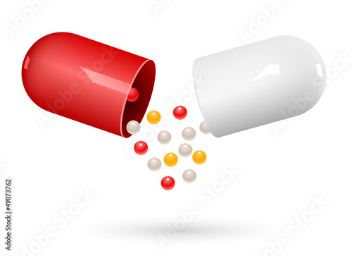 Red and white capsule pills on white. Vector Illustration