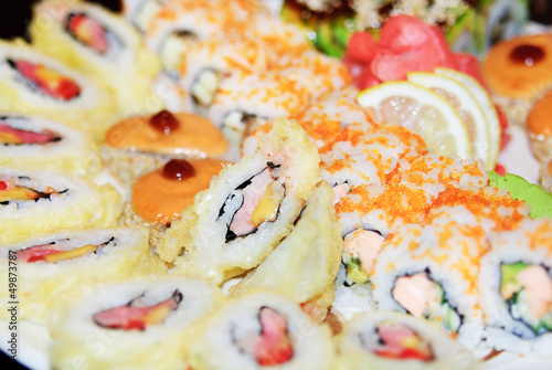 Appetizing tasty Japan rolls and sushi assortment