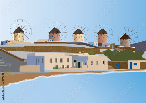 Windmills and Seaside Tavernas on the Greek Island of Mykonos