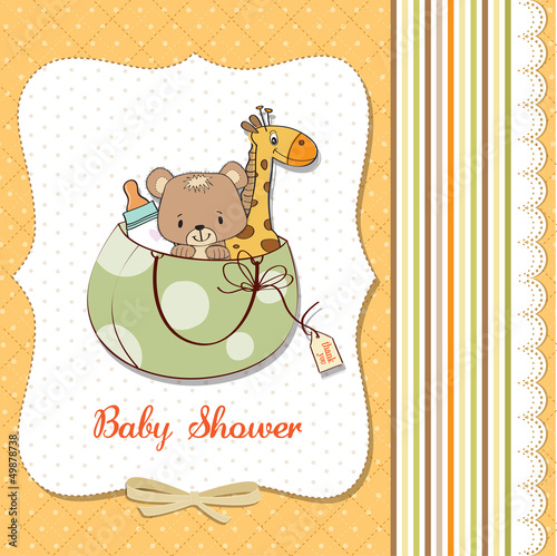 new baby announcement card with bag and same toys