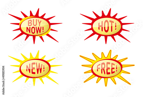 Yellow and red wobblers "Buy now!", Hot!", "New!" and "Free!" to attract customer in supermarkets, on packages or on advertising