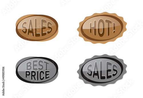Wobblers "Sales", "Hot!" and "Best price" to attract customer in supermarkets, on packages or on advertising
