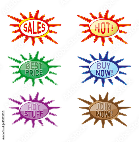 Wobblers "Sales", "Hot!", "Best Prices", "Buy Now!", "Hot Stuff" and "Join now!" to attract customer in supermarkets, on packages or on advertising