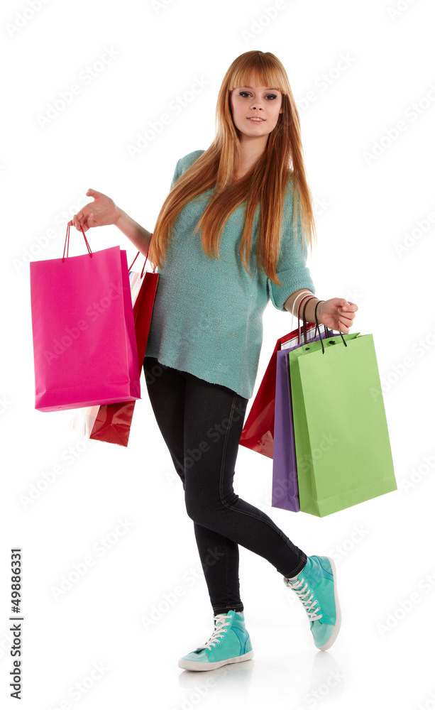 girl with shopping bags , isolated on white background girl with shopping bags , isolated on white background