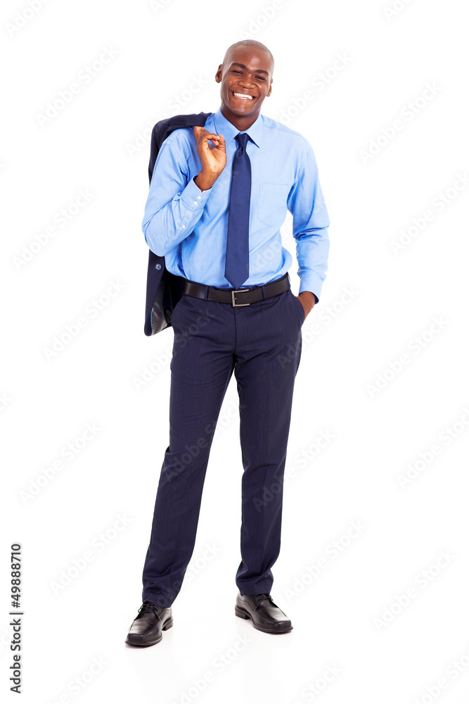 african businessman carrying jacket on shoulder isolated