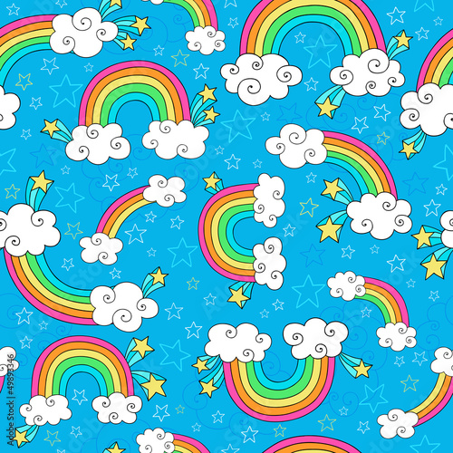 Rainbows Sky and Clouds Seamless Groovy Vector Pattern